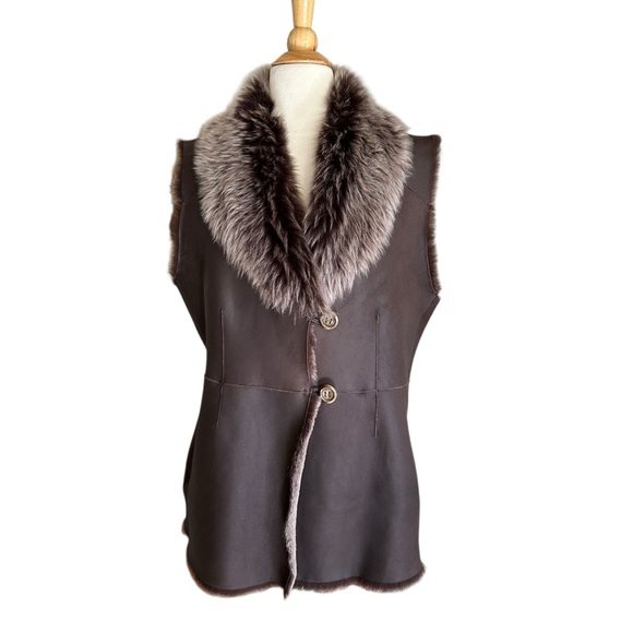 JAEGER 100% Sheepskin Shearling Vest Fur Collar Brown Y2K Luxe Boho Chic Large - Picture 1 of 16
